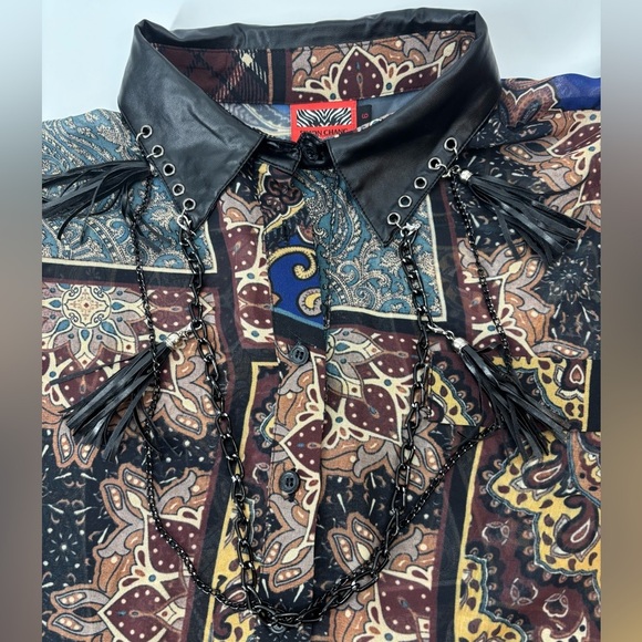 Simon Chang Tops - Vtg Simon Chang Collection patchwork print shirt with chains tassels 6